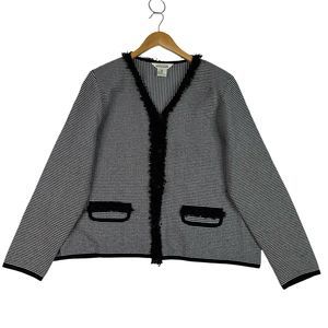 Exclusively Misook Fringe Trim Cardigan Jacket Black White Knit‎ Career Classic